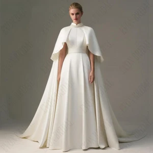 Elegant Wedding Dress Cape Sleeves Muslim Bride Satin Sweep Train High Collar - Picture 1 of 3