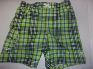 EUC OP Boys Swim Trunks Lime Green Dark Aqua Plaid Size 4 4T Summer Swim Wear - Picture 1 of 3