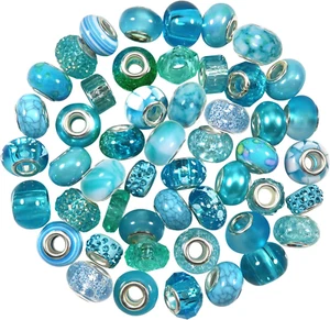 50Pcs Assorted Resin European Beads Blue Large Hole Lampwork Spacer Beads Rhines - Picture 1 of 7