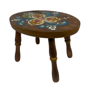 Taburete escalón de madera vintage rosa pintado a mano flores firmado 4 patas ovalado - Imagen 1 de 12