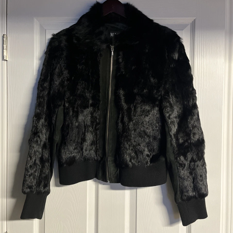 Chaqueta de bombardero de piel de conejo negra Y2K para mujer talla L ribete de cuero genuino cremallera completa Foto 1 de 4