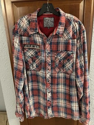 Camisa de franela vintage Affliction para hombre 2XL roja a cuadros parche envejecido premium Foto 1 de 4