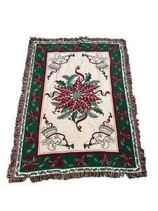 VTG Christmas Throw Blanket Poinsettia Angels Trumpets Green Red Fringe Holiday - Picture 1 of 8