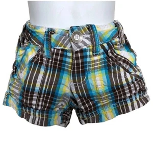 Girls 4 Brown Turquoise Blue Yellow White Plaid Pocket Summer Shorts Twins - Picture 1 of 5