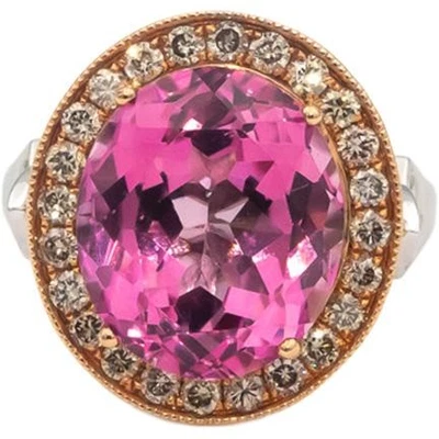 Anillo de cóctel de diamantes redondos de topacio de corte ovalado de oro blanco rosa de 14 k talla 7,25 quilates Foto 1 de 4