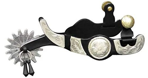 Showman Black Steel Jingle Bob Spurs With Engraved Silver & 1 3/4" Rowels