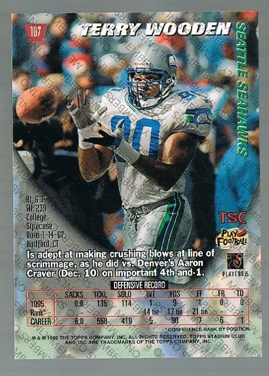 96 Stadium Club Members Only TERRY WOODEN #107 Seahawks - Image 1 of 1