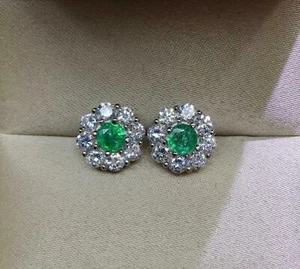 2ct Stud Earring Natural Emerald & Diamond Floral Design 14k Solid White Gold - Picture 1 of 13