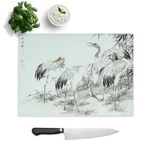 Japanese Cranes By The Bamboo Chopping Board Glass Textured for Kitchen - Picture 1 of 6