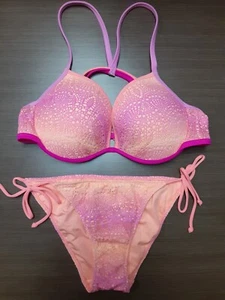 Victoria's Secret Orange/Pink Macrame Tie Side Bikini - Top 36D, Bottoms S - Picture 1 of 5