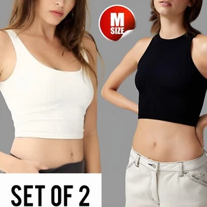 Women's Ribbed Sport Yoga Crop Top Vest Gym Workout T-Shirts Cami Tank Top 2PCS - Picture 1 of 10