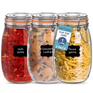 HEFTMAN Glass Clip Top Round Jars Food Storage Preserve Canister Pot 1L Set of 3 - Picture 1 of 7