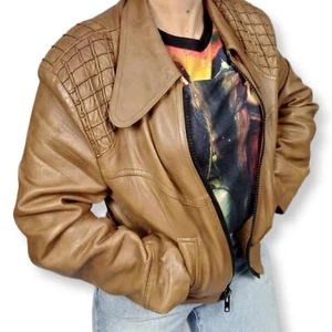 LeatherGoods Bomber Jacket Ladies S Brown Cropped patchwork Biker Motorbike Moto - Picture 1 of 13
