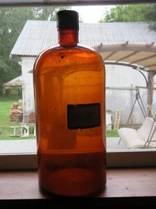Awesome Vintage Owens-Illinois Amber Glass Apothecary Jug Original Lid, 14" Tall - Picture 1 of 9