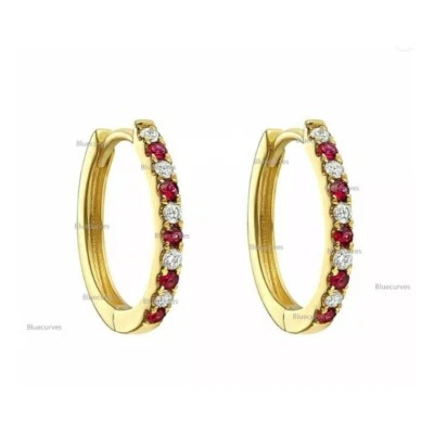  Solid 14k Yellow Gold Genuine Ruby & Natural Diamonds Alternate Hoops Earrings  - Image 1 of 4