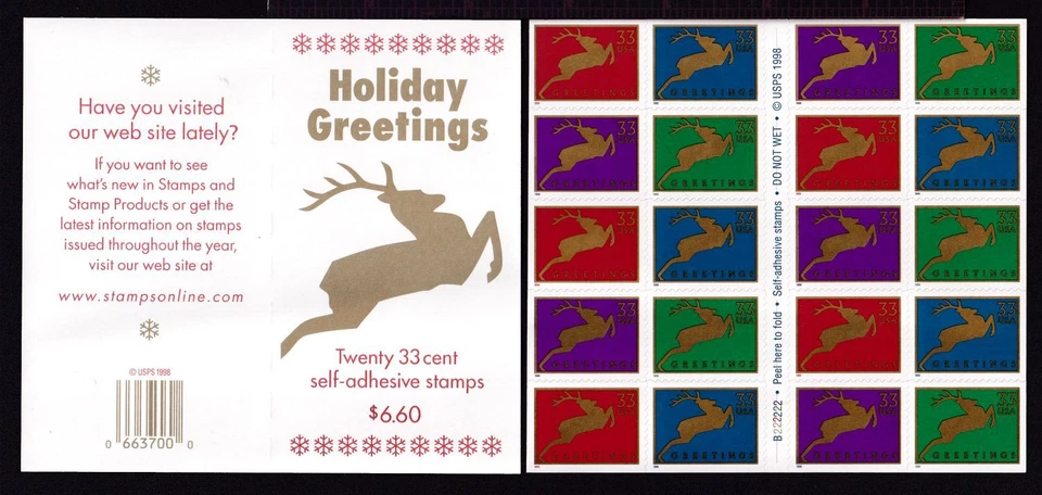 1999 Christmas Reindeer Sc 3363a MNH 33c complete booklet of 20 B222222 - Image 1 of 1