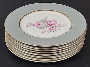 Castleton Rosemere Salad Plate 8 3/8" Roses Gray Band Gold Trim USA Set Of 8 - Picture 1 of 12