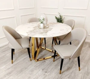 Aisha Luxury Italian 1.3m Round White Marble Stone Gold Dining Table NEW - Picture 1 of 10