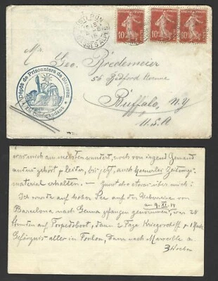 FRANCE TO US 1915 POUU GERMANY PRISONER OF WAR COVER AND LETTER IN GERMAN - Image 1 of 3