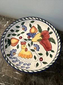 13.5” Large round Serving bowl Rooster And Fruits Baum Bros Style Eyes Red White - Picture 1 of 3