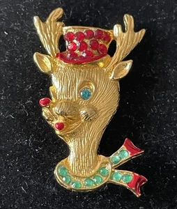 Vtg Christmas Rudolph Top Hat Reindeer Brooch Pin Red Green Rhinestones - Picture 1 of 4