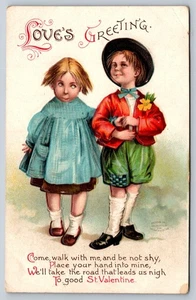 Loves Greeting St Valentine Poem Postcard Boy And Girl Walking Arm In Arm - Picture 1 of 3