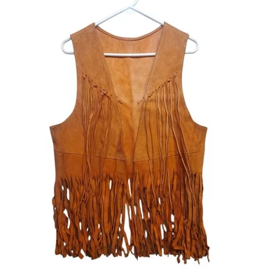 Vintage Leather Suede Fringe Medium Vest Boho Western Hippie Festival Gilet Tan - Image 1 of 4