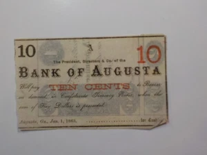 Civil War Confederate 1863 10 Cents Note Bank Of Augusta Georgia Paper Money VTG - Picture 1 of 2