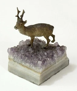 Antike kaltbemalte Bronze Hirsch Figur auf Amethyst Sockel 2-3/4" hoch - Bild 1 von 16