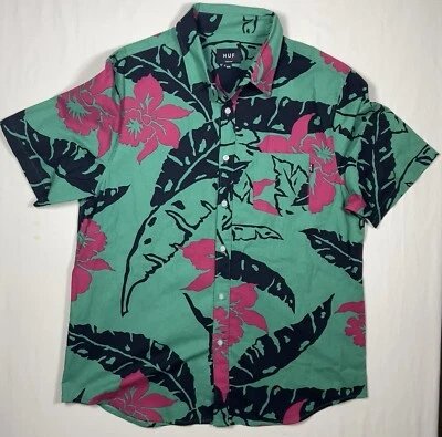 Camisa HUF Hombres Abotonada 2XL XXL Verde Negra Floral Hawaiana Manga Corta Cuello Foto 1 de 4