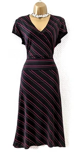 VTG NEXT Drop Waist Midi Dress Sz 14 Black Pink Striped Slinky Smart Occasion - Picture 1 of 11
