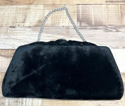 Bolso sin asas de noche vintage de terciopelo negro con cadena y marco plateados elegancia clásica S Foto 1 de 4