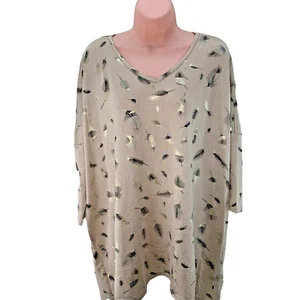 Frank Usher Ribbed Tunic Top, Oversized Gold Feather Print, Size S/M, Beige, QVC - Imagen 1 de 10
