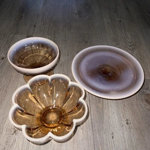 Fenton Cameo Opalescent Glass Set Of 3 Footed Plate Ruffle Bowl & Compote Dish - Picture 1 of 18