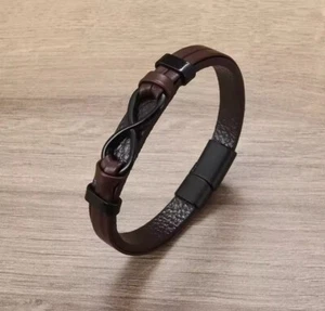 Infinity Logo Single Layer Leather Bracelet with Magnetic Clasp 22cm Appox Brown - Picture 1 of 3