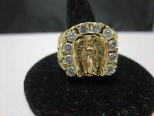 SIZE 13, 14 KT GOLD PLATED MENS LUCKY RELIGIOUS VIRGIN MARY CLEAR CZ RING