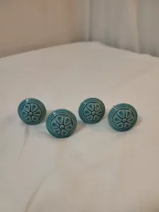 Set of 4 VINTAGE BLUE DRAWER CABINET KNOBS HANDLES PULLS KNOBS Raised Flower - Picture 1 of 5