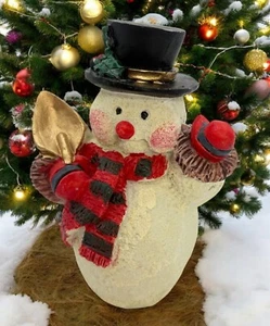 Vintage Snowman Christmas Figurine With Top Hat Striped Scarf and Shovel - Picture 1 of 8