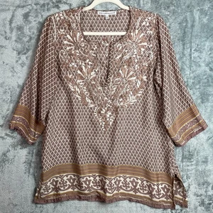 Gretchen Scott Tunika Top Damen mittelbraun bestickt Schlitz am Ausschnitt Seidenmischung - Bild 1 von 12