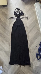 Black Stretch Knitted Strappy Halter Tie Neck Long Beach Dress Size M 10-12 Li - Picture 1 of 9