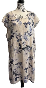 Lungo L'Arno Women Linen Dress 3X Tan Blue Floral Italy Plus Size - Picture 1 of 15