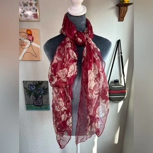 Vintage Floral deep wine Red Scarf 100% Silk Georgette Spring Light 30x60” - Bild 1 von 6
