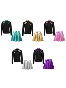 Kids Girls Costume Metallic Outfits Gymnastics Dancewear Shiny Skirt Soft 2pcs - Picture 1 of 60