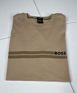 New HUGO BOSS Men's Cotton Crew Neck Logo Print T-Shirt Beige Color Size Medium.