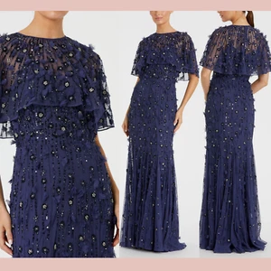 NUEVO CON ETIQUETAS $698 Mac Duggal [10] 93653 Vestido Trompeta Adornado Manga Capa Azul J1343 - Imagen 1 de 6