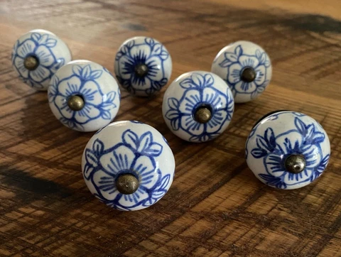 7 Vintage Antique Drawer Knobs Cobalt Blue and White Floral Cover
