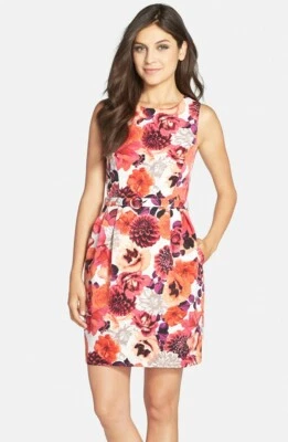 Eliza J Belted Floral Print Faille Tulip Dress (size 8)  # - Image 1 of 4