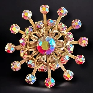Rote Strass Starburst Brosche Atomic goldfarben Vintage Aurora Borealis - Bild 1 von 8