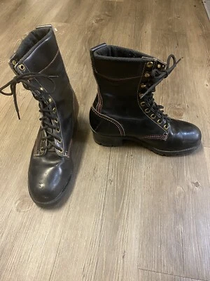 Vintage 1980’s Men’s Leather Biker Boots Dickies Black With White And Red Stitch - Image 1 of 4