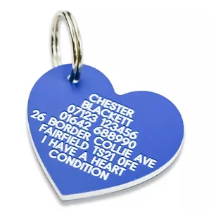 Pet Dog Cat ID Collar Tags - Deeply engraved FREE, 41mm plastic heart. 7 COLOURS - Picture 1 of 14